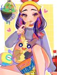  1girl black_hair border bottle carmine_(pokemon) chips_(food) cola commentary_request dudunsparce eating eyelashes floating food grey_sweater grid_background hairband heart highres long_hair morpeko multicolored_hair nfvw2evamr86075 open_mouth outside_border pokemon pokemon_(creature) pokemon_sv potato_chips red_hair simple_background sinistcha sitting sweater two-tone_hair white_border yellow_background yellow_eyes yellow_hairband 