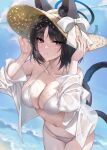  1girl absurdres animal_ears bikini black_eyes black_hair blue_archive blue_halo blush breasts cat_ears cat_tail cleavage closed_mouth collarbone cowboy_shot day groin halo hat highres jacket kikyou_(blue_archive) large_breasts long_sleeves looking_at_viewer multiple_tails navel ocean open_clothes open_jacket outdoors raki_kr short_hair solo straw_hat swimsuit tail two_tails water white_bikini white_jacket 