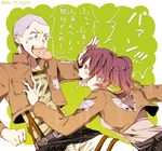  1boy 1girl bald blush blush_stickers bread brown_eyes brown_hair conny_springer drooling food grey_eyes hand_on_another's_chest hand_on_chest hand_on_head insignia long_hair military military_uniform mouth_hold open_mouth ponytail reaching saliva sasha_braus sasha_browse shingeki_no_kyojin sweatdrop uniform 