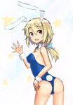  ameya_shioichi animal_ears ass blonde_hair blue_leotard bunny_ears bunny_tail bunnysuit charlotte_dunois detached_collar highres infinite_stratos leotard long_hair purple_eyes ribbon tail waving wrist_cuffs 