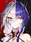  1girl absurdres acheron_(honkai:_star_rail) black_background black_choker choker commentary grey_hair gzdv2457 halterneck highres honkai:_star_rail honkai_(series) long_hair looking_at_viewer official_alternate_color parted_lips portrait purple_eyes purple_hair red_background red_eyes red_lips smile 