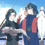  1boy 1girl animal b_(wldms6650) baseball_cap belt black_bodysuit black_gloves black_hat blue_bodysuit blue_hair blue_sky bodysuit character_request closed_mouth cloud commentary english_commentary eyewear_on_head fire_emblem fire_emblem:_three_houses fish fishing_rod gloves hat highres holding holding_animal holding_fish long_hair long_sleeves ocean outdoors ponytail purple_eyes red_gloves sky smile sunglasses vest 