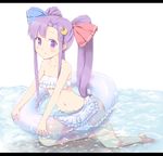  bikini bikini_skirt coo crescent crescent_hair_ornament frilled_bikini frills hair_ornament innertube long_hair patchouli_knowledge purple_eyes purple_hair solo swimsuit touhou twintails water 