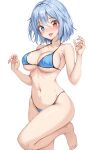  1girl :p amagi_(amagi626) bikini blue_bikini blue_eyes blue_hair blush breasts cleavage embarrassed groin hair_between_eyes hands_up heterochromia highres large_breasts legs medium_hair naughty_face navel nervous_smile red_eyes skin_tight skindentation smile solo standing standing_on_one_leg swimsuit tatara_kogasa thighs tongue tongue_out touhou underboob 