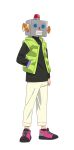  1boy black_shirt full_body green_jacket hand_in_pocket jacket long_sleeves lycoris_recoil male_focus official_art open_clothes open_jacket padded_jacket pants robota_(lycoris_recoil) shirt simple_background sleeveless sleeveless_jacket solo standing tachi-e transparent_background white_pants 