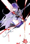  1girl acheron_(honkai:_star_rail) black_gloves commentary_request crop_top gloves hair_over_one_eye highres holding holding_sword holding_weapon honkai:_star_rail honkai_(series) katana looking_at_viewer midriff navel purple_hair red_eyes scabbard shahai sheath sheathed signature solo stomach sword upper_body weapon white_hair 