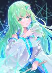  1girl commentary_request detached_sleeves frog_hair_ornament gohei green_eyes green_hair hair_ornament hair_tubes highres holding holding_gohei kochiya_sanae light_blush long_hair looking_at_viewer narutakaya ofuda open_mouth pentagram single_hair_tube snake_hair_ornament solo sparkle touhou very_long_hair 