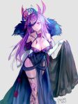  1girl bare_shoulders blue_dress breasts cleavage commentary_request detached_sleeves dress elbow_gloves feet_out_of_frame fire_emblem fire_emblem_engage fishnet_thighhighs fishnets gloves grey_background halterneck ivy_(fire_emblem) large_breasts long_hair looking_at_viewer pelvic_curtain purple_eyes purple_hair short_sleeves simple_background solo standing t_misaomaru thighhighs very_long_hair white_gloves 