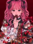  1girl aegyo_sal blue_eyes chocolate commentary_request cup dessert eating eyelashes food fruit highres looking_at_viewer macaron norimaki_(seidan0611) original parfait pink_hair plate red_background simple_background solo strawberry teacup tears 