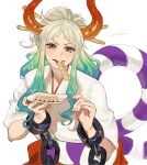  1girl absurdres aqua_hair chain commentary dango eating eyelashes food gradient_hair hair_ornament hair_stick highres horns iago_fn long_hair looking_at_viewer multicolored_hair one_piece open_mouth simple_background smile solo v-shaped_eyebrows wagashi white_background white_hair yamato_(one_piece) yellow_eyes 