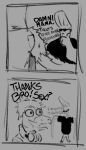 2024 anthro black_and_white butt cartoon_network dialogue dinosaur dromaeosaurid dumetummy69 duo electronics english_text eyewear feathered_dinosaur feathered_tail feathers goodbye_volcano_high hair headphones headphones_around_neck human johnny_bravo johnny_bravo_(series) long_tail male mammal monochrome open_mouth open_smile reed_(gvh) reptile scalie short_hair sketch smile sunglasses tail text theropod velociraptor