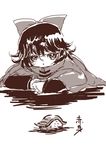  bow cape covering_mouth food gyorui_(amezari) hair_bow looking_at_viewer monochrome nigirizushi sekibanki short_hair solo sushi touhou white_background 