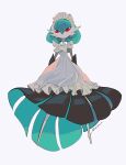  1girl alternate_color black_skin colored_skin full_body gardevoir green_hair green_skin highres looking_at_viewer maid maid_headdress mega_gardevoir multicolored_skin pokemon pokemon_(creature) red_eyes rendoll shiny_pokemon signature white_skin 