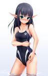  adjusting_clothes adjusting_swimsuit aqua_eyes bangs bare_shoulders black_hair blue_swimsuit blunt_bangs blush breasts competition_swimsuit covered_navel eto eyebrows_visible_through_hair gradient gradient_background groin hand_on_own_stomach highres long_hair long_pointy_ears looking_at_viewer lumia_swimwear md5_mismatch one-piece_swimsuit phantasy_star phantasy_star_online_2 pointy_ears rupika_(pso2) seductive_smile small_breasts smile solo standing swimsuit wading water white_background 