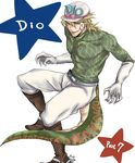  blonde_hair blue_eyes boots claws diego_brando gloves green_shirt hat jojo_no_kimyou_na_bouken male_focus nokia86 scary_monsters_(stand) shirt solo stand_(jojo) steel_ball_run sweater tail turtleneck 