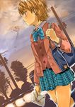  bird blazer blue_bow blue_neckwear blush bow bowtie brown_eyes brown_hair brown_jacket cloud cloudy_sky dutch_angle evening futari_wa_precure heart highres jacket letter looking_afar love_letter misumi_nagisa outdoors plaid plaid_skirt pole power_lines precure ribbon sapphire_satou school_uniform shirt short_hair skirt sky solo telephone_pole verone_gakuin_school_uniform 