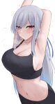  1girl armpits arms_up black_tank_top blush breasts cleavage commentary crop_top grey_hair highres honkai:_star_rail honkai_(series) jingliu_(honkai:_star_rail) large_breasts long_hair looking_at_viewer midriff namikare navel red_eyes solo stomach sweat tank_top upper_body very_long_hair 