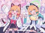  2girls absurdres animal_ear_headphones animal_ears anniversary black_shorts black_skirt black_thighhighs blonde_hair blue_archive blue_necktie blush bow cat_tail collared_shirt fake_animal_ears green_bow green_eyes green_halo hair_bow halo headphones highres jacket long_sleeves looking_at_viewer mantezaurusu midori_(blue_archive) midori_(maid)_(blue_archive) momoi_(blue_archive) momoi_(maid)_(blue_archive) multiple_girls multiple_views necktie official_alternate_costume open_clothes open_jacket open_mouth pink_halo pleated_skirt red_bow red_eyes shirt short_hair shorts siblings sisters skirt smile tail thighhighs twins v white_jacket white_shirt wide_sleeves 