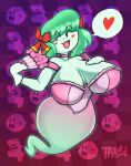 5tflldartist5 beady_eyes big_breasts black_eyes boo_(mario) breasts checkered checkered_background choker clothing dress eyelashes female ghost ghost_tail gloves green_body green_hair hair hand_on_chest handwear heart_symbol hi_res holding_fan huge_breasts humanoid jewelry lady_bow mario_bros necklace nintendo open_mouth open_smile paper_mario pattern_background pink_clothing pink_dress purple_background red_bow rosy_cheeks short_hair simple_background smile snaggle_tooth solo speech_bubble spirit white_clothing white_gloves white_handwear wide_hips