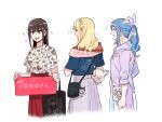  3girls bag black_hair blonde_hair blue_eyes blue_hair blue_shirt closed_eyes commentary_request food-themed_hair_ornament hair_ornament hair_ribbon highres holding holding_bag hood hoodie komiya_arisa kurosawa_dia long_hair love_live! love_live!_sunshine!! matsuura_kanan mole mole_under_eye multiple_girls ohara_mari open_mouth pito_(sh02327) pleated_skirt ponytail print_shirt purple_hoodie purple_ribbon purple_skirt real_life red_skirt ribbon shirt short_sleeves shoulder_bag skirt smile sparkle star_(symbol) strawberry_hair_ornament translation_request white_shirt 