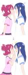  2girls aida_mana blue_hair blue_sailor_collar blush couple covering_mouth directional_arrow dokidoki!_precure eye_contact hand_on_another's_face highres hishikawa_rikka holding_hands licking licking_hand long_hair looking_at_another minu multiple_girls pink_hair precure profile resisting sailor_collar short_hair simple_background tongue white_background wrist_grab yuri 