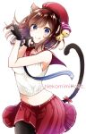  1girl :p animal_ears banjou_azusa bell black_tail blue_eyes bow brown_hair cat_ears cat_girl cat_paw cat_tail english_text gloves highres jingle_bell looking_at_viewer navel neckerchief original pantyhose partially_fingerless_gloves pleated_skirt red_hat red_neckerchief red_skirt ribbed_shirt sailor_collar school_uniform serafuku shirt short_hair simple_background skirt sleeveless smile solo tail tail_bow tail_ornament tongue tongue_out white_background 