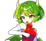  1girl brown_eyes china_dress chinese_clothes draco_centauros dragon_girl dragon_horns dragon_wings dress elbow_gloves fang gloves green_hair highres horns offbeat open_mouth pointy_ears puyopuyo red_dress short_hair simple_background sleeveless sleeveless_dress solo upper_body white_background white_gloves wings 