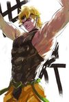  &gt;:) armpits arms_up backlighting bare_shoulders belt blonde_hair chaps dio_brando evil_smile freer headband heart jojo_no_kimyou_na_bouken male_focus muscle red_eyes sketch skin_tight sleeveless sleeveless_turtleneck smile solo turtleneck v-shaped_eyebrows white_background 
