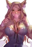  1girl adjusting_clothes ahri_(league_of_legends) animal_ear_fluff animal_ears blonde_hair blowing_bubbles breasts center_opening chewing_gum cleavage earrings facial_mark hands_up heart heart_earrings himmely hood hood_up hoodie jewelry k/da_ahri league_of_legends long_sleeves medium_breasts multiple_tails simple_background single_earring solo tail whisker_markings white_background yellow_eyes zipper 