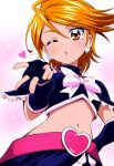  1girl ai-generated blowing_kiss blush brown_eyes brown_hair choker cure_black earrings futari_wa_precure gloves heart heart_earrings highres jewelry kiss looking_at_viewer magical_girl misumi_nagisa one_eye_closed open_mouth precure short_hair skirt 