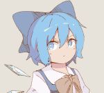  1girl blue_bow blue_eyes blue_hair bow bowtie bright_pupils brown_bow brown_bowtie chinese_commentary cirno closed_mouth commentary_request cui_kongqi_(ckongqi) expressionless grey_background hair_between_eyes hair_bow hatching_(texture) highres ice ice_wings linear_hatching looking_at_viewer portrait shirt short_hair simple_background solo touhou white_pupils white_shirt wings 