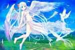  angel angel_wings barefoot bird breasts feathers floating green_eyes half_updo highres legs long_hair looking_at_viewer md5_mismatch medium_breasts navel original sarong setona_(daice) smile solo translucent_sarong underboob white_hair white_sarong wings 