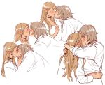  2girls arms_around_neck black_choker blonde_hair blush choker closed_eyes commentary dungeon_meshi elf english_commentary falin_thorden falin_thorden_(tallman) grey_hair hand_on_another&#039;s_waist highres kiss lesly_oh long_sleeves looking_at_another marcille_donato medium_hair multiple_girls pointy_ears shirt simple_background white_background white_shirt yuri 