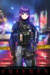  1girl absurdres ar-15 assault_rifle black_gloves black_jacket blue_pants blurry blurry_background car caution_tape chinese_commentary closed_mouth combat_helmet commentary_request contrapposto copyright_name cowboy_shot cuffs denim expressionless fern_(sousou_no_frieren) frieren frieren_stuck_in_a_mimic_(meme) gloves gun handcuffs helmet highres holding holding_gun holding_weapon jacket jeans keep_out load_bearing_vest long_hair long_sleeves looking_at_viewer magazine_(weapon) meme motor_vehicle night outdoors pants police_car purple_eyes purple_hair rifle smoke_grenade solo sousou_no_frieren standing tactical_clothes tiewan trigger_discipline walkie-talkie weapon 