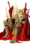  armor blonde_hair ea_(fate/stay_night) fate/stay_night fate_(series) gilgamesh hair_slicked_back highres male_focus planted_sword planted_weapon plm233 red_eyes sad solo sword weapon 