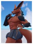 3:4 abs anthro arm_tuft big_bulge black_body black_fur bottomwear bulge butt canid canine chest_tuft claws clothing fox fur grey_bottomwear grey_clothing grey_shorts hel_(shiretsuna) hi_res long_ears long_tail male mammal multicolored_body multicolored_fur muscular muscular_anthro muscular_male oleanderin orange_body orange_fur pecs sharp_teeth shorts solo tail teeth tuft white_claws yellow_eyes