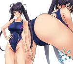  1girl ass bare_legs black_eyes black_hair blue_one-piece_swimsuit breasts commission competition_swimsuit dated hair_ribbon hand_on_own_hip highleg highleg_swimsuit highres large_breasts long_hair looking_ahead looking_at_viewer looking_back memories_off_2nd one-piece_swimsuit pixiv_commission ponytail revision ribbon signature simple_background solo standing suzuna_takano swimsuit thighs two-tone_swimsuit white_background yoo_tenchi 