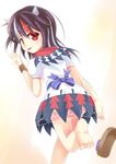  :p barefoot black_hair bow dress error from_behind horns kijin_seija looking_back multicolored_hair niiya red_eyes red_hair sandals smile soles solo streaked_hair tongue tongue_out touhou white_hair 