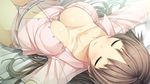  blush bow bow_panties breasts brown_hair cleavage collarbone cura game_cg highres large_breasts long_hair lying monobeno navel no_bra on_back panties sawai_natsuha sleeping solo striped striped_panties thigh_gap underwear 