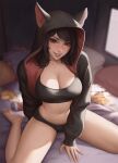  1girl animal_hood artist_name barefoot black_hair black_panties black_sports_bra blurry blurry_background blush bootybear breasts cleavage dracula fangs highres hood hooded_jacket jacket large_breasts long_hair looking_at_viewer navel open_clothes open_jacket original panties red_eyes sitting smile solo sports_bra underwear wariza 