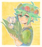  1boy 6f6d6f7269 basil_(headspace)_(omori) basil_(omori) blue_overalls blush bouquet flower green_eyes green_hair green_shirt head_wreath highres holding holding_bouquet looking_at_viewer omori open_mouth overalls shirt short_hair short_sleeves smile solo upper_body 