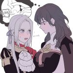  2girls ascot b_(wldms6650) black_dress black_jacket blush breast_pocket byleth_(female)_(fire_emblem) byleth_(fire_emblem) cape cleavage_cutout clothing_cutout commentary_request dress edelgard_von_hresvelg fire_emblem fire_emblem:_three_houses hair_ribbon heart highres imagining jacket korean_text looking_at_breasts multiple_girls open_mouth parted_lips pocket purple_eyes purple_hair purple_ribbon red_cape ribbon simple_background sweatdrop translation_request upper_body white_ascot white_background white_hair yuri 