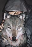  1boy animal black_hoodie blood blood_on_hands blood_on_mouth brown_eyes c2h4_(1849155751) dead_by_daylight hand_on_another&#039;s_head highres hood hoodie looking_at_viewer male_focus peeking_out portrait scar scar_on_face spotlight wolf yellow_eyes 