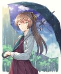  1girl blue_eyes bow brown_hair cloud_print collared_shirt dress hair_ribbon holding holding_umbrella kantai_collection kazagumo_(kancolle) long_hair long_sleeves miroku_san-ju outdoors parted_lips ponytail purple_dress rain ribbon school_uniform shirt solo umbrella white_shirt 