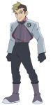  1boy black_gloves black_pants blonde_hair boots brown_hair clenched_hands closed_mouth collared_shirt cropped_jacket full_body gloves grey_footwear grey_jacket grey_shirt highres jacket logo long_sleeves looking_down male_focus multicolored_hair official_art pants pants_tucked_in pokemon pokemon_(anime) pokemon_horizons shirt short_hair smile solo standing transparent_background two-tone_hair zirc_(pokemon) 