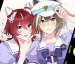 2girls animal_ears blue_eyes blush brown_hair cheval_grand_(umamusume) green_eyes hair_between_eyes hair_ornament hat highres horse_ears horse_girl koyox_ll long_hair looking_at_viewer low_twintails multiple_girls open_mouth portrait red_hair school_uniform sweat tracen_school_uniform translation_request twintails umamusume white_background win_variation_(umamusume) 