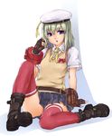  afurichin arm_support belt_pouch black_gloves blue_eyes bow erina_der_vogelweid fingerless_gloves gloves god_eater god_eater_2:_rage_burst green_hair hat highres mary_janes open_mouth pleated_skirt pouch red_legwear sailor_hat school_uniform serafuku shoes sitting sketch skirt socks solo sweater_vest thighhighs thighs 