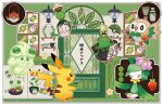  alcremie black_eyes border bright_pupils closed_mouth commentary_request cup friend_ball highres hisuian_lilligant holding holding_leaf leaf no_humans official_art pikachu poke_ball pokemon pokemon_(creature) poltchageist rowlet shelf sinistcha smile standing teacup white_border white_pupils 