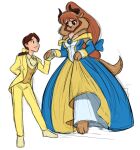 anthro barefoot beast_(disney) beauty_and_the_beast belle_(beauty_and_the_beast) big_breasts breasts cleavage clothed clothing crossgender disney duo eye_contact feet female hand_holding horn human looking_at_another male mammal monster smiling_at_each_other toes
