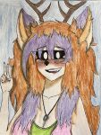 anthro antlers black_eyes black_nose blush breasts cleavage clothed clothing colored_nails crop_top dylanaildon_no_2 eyebrow_through_hair eyebrows female forest_spirit freckles gesture hair hand_gesture hi_res horn inner_ear_fluff jewelry lips long_hair mammal messy_hair nails necklace ochre_hair pink_hair pupils purple_hair red_lips shirt simple_background solo tirisk_(dylanaildon_no_2) topwear translucent translucent_hair tuft v_sign white_pupils wolf_ears